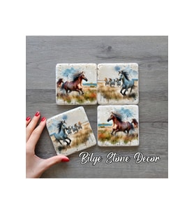 bilge tasarım Stone Decor Taş Bardak Altlığı 4'lü Set 10x10x1 Cm desenli