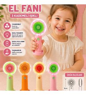 Mini Şarjlı El Fanı 3 Kademeli Işıklı USB Taşınabilir Sessiz Fan 16x6x3 Cm