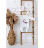 Pia Baby Premium %100 Pamuk İsimli Kız Bebek Tulumu Şapka ve Eldiven Yenidoğan Hediye Seti 5069-09 (Ekru)