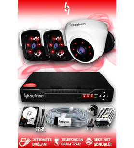 BAYICAM 3 Kameralı Panda 1 İç Kamera Set 1 TB HDD Full HD Gece Görüşlü Güvenlik Kamerası Sistemi