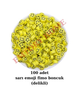100 Adet Sarı Emoji Boncuk - Fimo 10MM - Smile Bead - Bileklik Boncuğu -