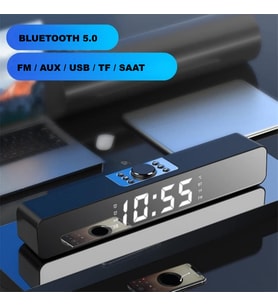 TriLine Bluetooth Hoparlör Şarjlı Yatay Ses Sistemi LED Ekran FM Çalar Saat Sıcaklık PC USB Aux Tf Kart