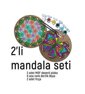 2Li Mandala Boyama Seti- 2 DESENLİ PLAKA-6 RENK AKRİLİK BOYA-2 ADET FIRÇA
