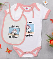 BK Kids Yine Mi Güzelim Tasarımlı Pembe Bebek Body Zıbın ve Mama Önlüğü Hediye Seti-1