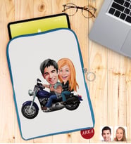 BK Gift Kişiye Özel Motorcu Sevgililer Karikatürlü Taşınabilir Koruyucu Tablet Kılıfı & Organizer Çanta - Mavi-1