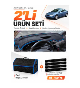 e-biz RENAULT LAGUNA 2 (2002-2005) Uyumlu Torpido Örtüsü + Deri Bagaj Çantası - Siyah-Mavi - RE033