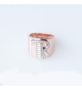 R Harfi Baget Taşlı Rose Gold Kaplama Gümüş Yüzük