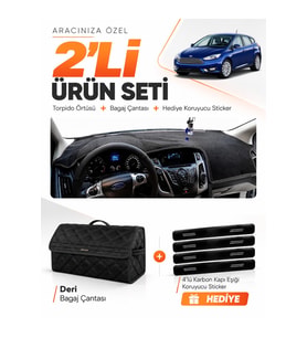 e-biz FORD FOCUS 3.5 HATCHBACK (2014-2018) Uyumlu Torpido Örtüsü + Deri Çanta - Siyah - FO012