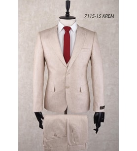 Slim Fit Mono Yaka İki Düğme Çift Yırtmaç Krem Rengi Drop 6 Yelekli Takım Elbise