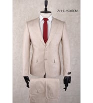 Slim Fit Mono Yaka İki Düğme Çift Yırtmaç Krem Rengi Drop 6 Yelekli Takım Elbise
