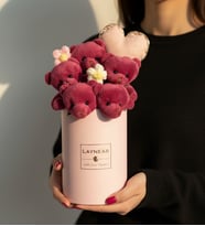 Pembe Silindir Kutu İçinde Sevimli Pembe Renkli Peluş Ayıcıklar Kalp Yastık