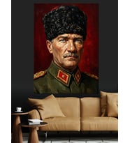 Kalpaklı Atatürk Asker Portresi Dekoratif Kanvas - Mdf Ahşap Tablo