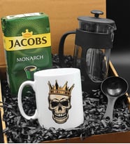 Özel Tasarımlı Kral Tacı Kuru Kafa Kupa & French Press & 250 Gram Jacobs Monarch Filtre Kahve Hediye Seti
