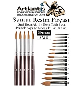 Resim Fırçası 5 Numara 5 li 1 Paket Samur Yuvarlak Uçlu Fırça Seti Guaj Sulu Akrilik Yağlı Boya Fırçaları (Naturel)