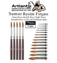 Resim Fırçası 5 Numara 5 li 1 Paket Samur Yuvarlak Uçlu Fırça Seti Guaj Sulu Akrilik Yağlı Boya Fırçaları (Naturel)