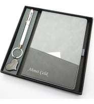 Signator® Codex  N180 Kişiye Özel Defterli Set - İsme Özel Beyaz Kalem + İsme Özel Gri Defter + İsme Özel Anahtarlık  İsme Özel Kutusunda Hediyelik Set (Karışık)