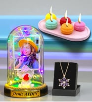 Size Özel Renkli Led Işıklı Fanus, Kokulu Mum ve Gerçek Ametist Taşlı Lotus Kolye (Model 4)