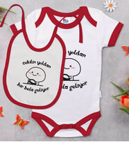 BK Kids Bir Bela Geliyor Tasarımlı Kırmızı Bebek Body Zıbın ve Mama Önlüğü Hediye Seti-1