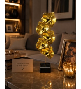 Doremcy Dekoratif Orkide Biblo 43x15 cm Polyester Modern Salon Konsol Lüks Ev Obje (Gold)
