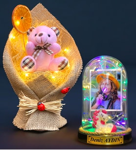 Size Özel Renkli Led Işıklı Fanus ve Led Işıklı Pembe Ayıcık Buketi Hediye Seti (Model 1)