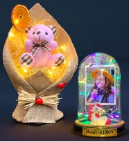 Size Özel Renkli Led Işıklı Fanus ve Led Işıklı Pembe Ayıcık Buketi Hediye Seti (Model 1)