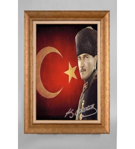 Altın Varaklı Çerçeveli Paspartulu Atatürk Tablo a588 (Gold)