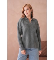 Kadın Polo Yaka Yarım Pat Kaşkorse Oversize Triko Kazak (Antrasit)