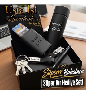 Kişiye Özel Lüks Hediye Seti Dereceli Isı Göstergeli Çelik Termos Mekanizmalı Kartlık Cüzdan Usb Bellek Anahtarlık Kalem Defter - Babaya Eşe Sevgiliye Arkadaşa hediye