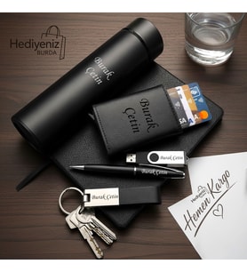 Kişiye Özel Lüks Hediye Seti Dereceli Isı Göstergeli Çelik Termos Mekanizmalı Kartlık Cüzdan Usb Bellek Anahtarlık Kalem Defter - Babaya Eşe Sevgiliye Arkadaşa hediye