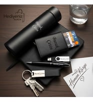 Kişiye Özel Lüks Hediye Seti Dereceli Isı Göstergeli Çelik Termos Mekanizmalı Kartlık Cüzdan Usb Bellek Anahtarlık Kalem Defter - Babaya Eşe Sevgiliye Arkadaşa hediye
