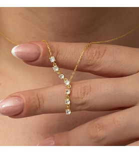 Gold Sıra Taşlı Zirkon Taşlı  925 Ayar Gümüş Kadın Kolye