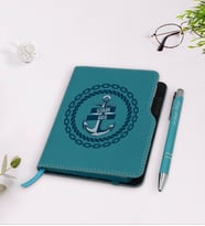 BK Gift Kişiye Özel Çapa Tasarımlı Turkuaz Termo Deri Defter Kalem Seti-2