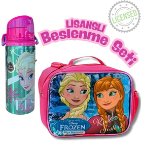 Frozen Lisanslı Beslenme Seti – Çelik Matara ve Beslenme Çantası  Elsa & Anna Desenli (Pembe)