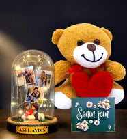 Kişiye Özel İsimli Fotoğraflı Led Işıklı Fanus ve Kalpli Peluş Ayıcık Hediye Seti (Model 10)
