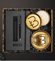 Kişiye Özel Defter & Gold Fincan & Gold Mum & Kişiye Özel Deri Kılıflı Touch Pen Kalem Hediye Seti