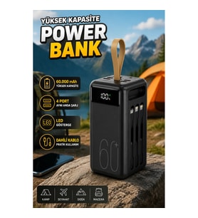4 Çıkışlı LED Ekranlı Portatif Powerbank – Fener ve Çoklu Kablo Destekli