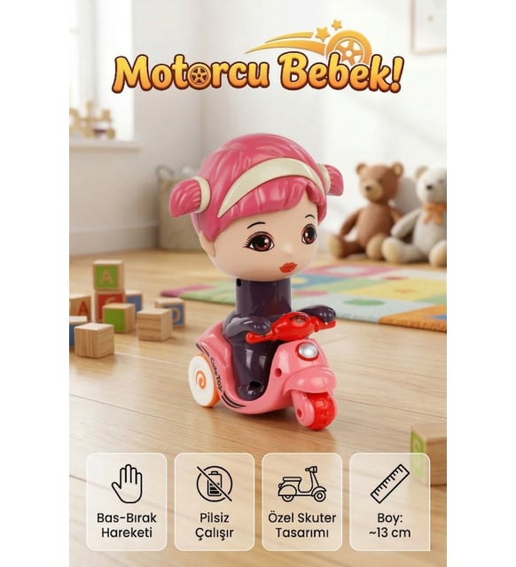 Bas Bırak Motorcu Bebek Oyuncak - Pilsiz Bas Git Scooter Araba - 13 cm