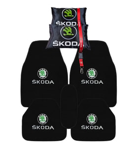 Skoda Uyumlu 5'li Oto Halı Paspas & Dijital Baskılı Siyah Araç Seyahat Boyun Yastığı & Oto Ayna Askısı