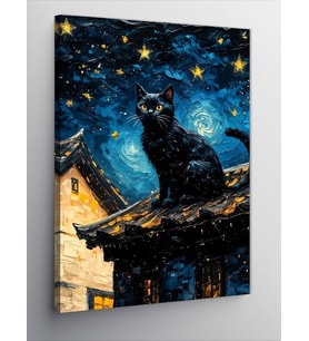 Kanvas Tablo Yağlı Boya Siyah Kedi Ve Yıldızlar