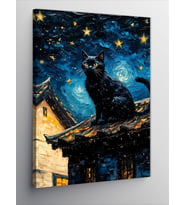 Kanvas Tablo Yağlı Boya Siyah Kedi Ve Yıldızlar