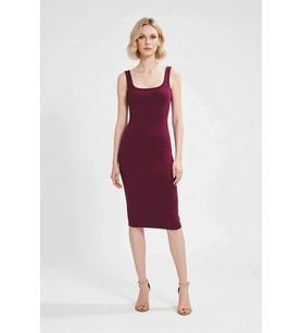 Kadın Midi Bodycon Örme Elbise Kare Yaka Kalın Askılı Viskoz Liyosel Karışımı Günlük Rahat Modern