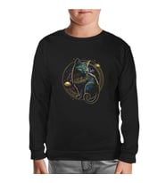 Magical Cat in Space with the Moon and Planets Siyah Çocuk Sweatshirt