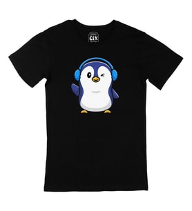 Kulaklıklı Penguen Siyah Tişört