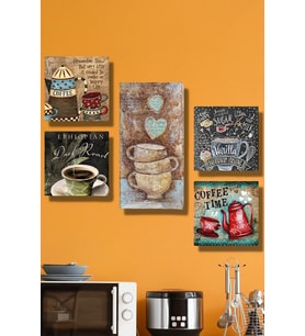 Kahve ve Bardaklar Tasarımlı 5 Parça MDF Tablo (Çok Renkli)