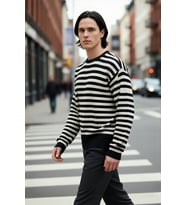Erkek Oversize Bisiklet Yaka Çizgili Triko Kazak Fitilli Dokuma Uzun Kollu Basic Rahat Kesim