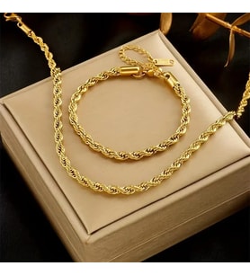 Gold Burgu Model Çelik Kararmaz Zincir Kolye ve Bileklik Set 3mm
