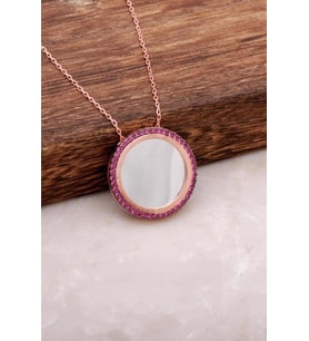 Tamtur Rubin Taşlı Gümüş Plaka Kolye 1213 (Pembe)