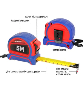 WP261041 5Mx25mm Naylon Kaplama Sarı Çift Taraflı Manyetik Çelik Şerit Metre