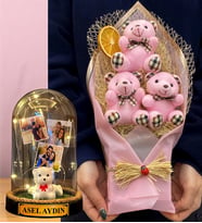 Size Özel 3 Fotoğraflı İsimli Led Işıklı Fanus ve Büyük Boy Pembe Ayıcık Buketi (Model 3)