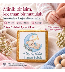 Kişiye Özel Yenidoğan Bebek Hatıra Etiketi 100 Adet 36 × 36 mm Kuşe Kâğıt